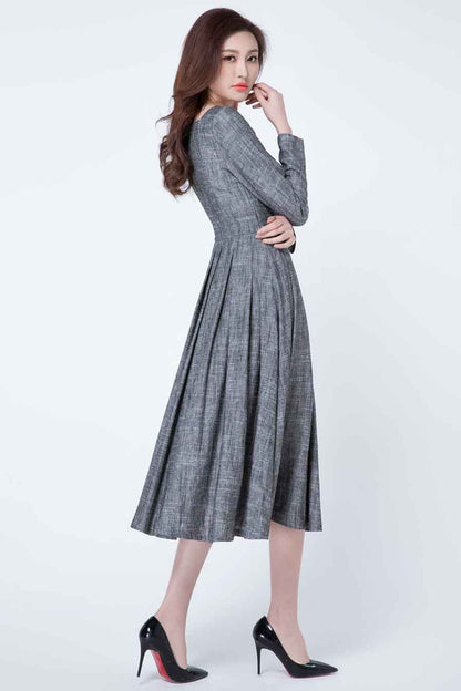 Grey Linen Blend Fit and Flare Midi Dress - Square Neckline, Pleated Waist 1718