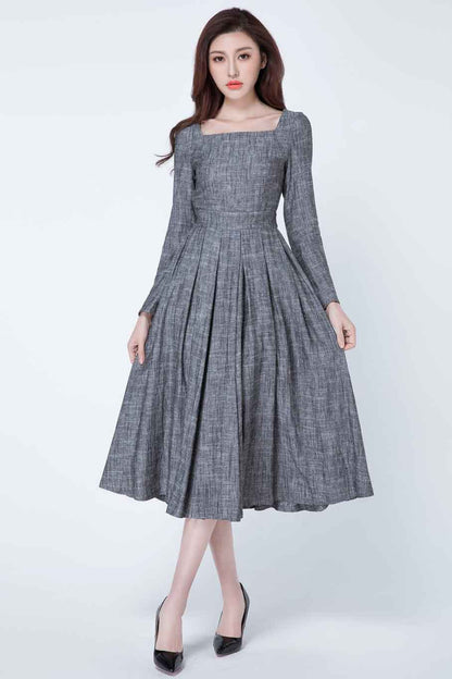 Grey Linen Blend Fit and Flare Midi Dress - Square Neckline, Pleated Waist 1718