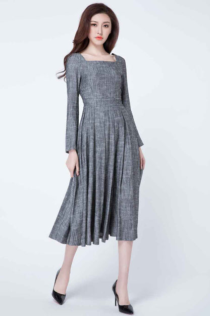 Grey Linen Blend Fit and Flare Midi Dress - Square Neckline, Pleated Waist 1718