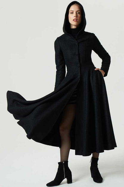 Handmade Black Wool Coat – Hooded Fit & Flare Maxi Winter Overcoat | Xiaolizi 1958