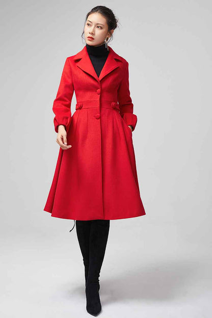 Xiaolizi Red Fit and Flare Wool Coat for Women – Handmade Knee-Length Vintage Winter Coat 2200