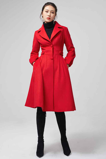 Xiaolizi Red Fit and Flare Wool Coat for Women – Handmade Knee-Length Vintage Winter Coat 2200