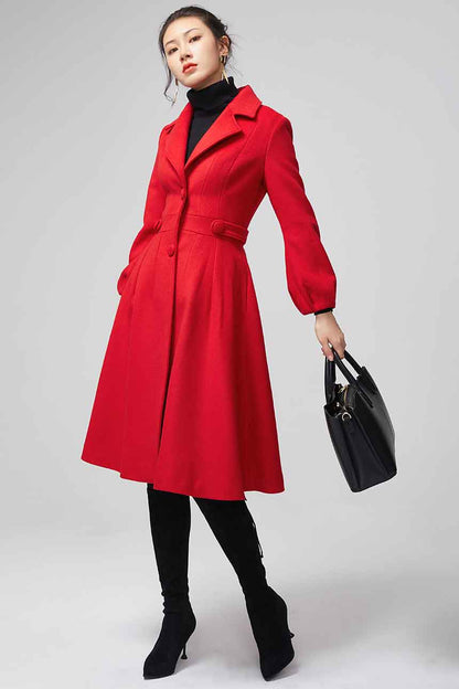 Xiaolizi Red Fit and Flare Wool Coat for Women – Handmade Knee-Length Vintage Winter Coat 2200