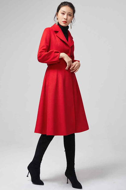 Xiaolizi Red Fit and Flare Wool Coat for Women – Handmade Knee-Length Vintage Winter Coat 2200