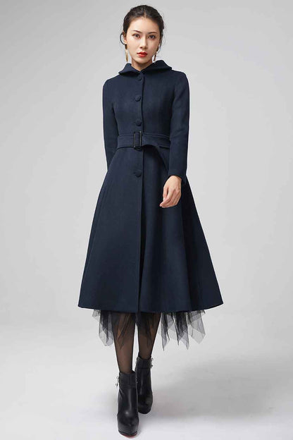 Xiaolizi Navy Fit and Flare Wool Coat for Women – Handmade Belted Vintage Winter Coat 2203