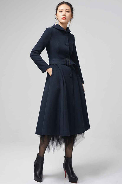 Xiaolizi Navy Fit and Flare Wool Coat for Women – Handmade Belted Vintage Winter Coat 2203