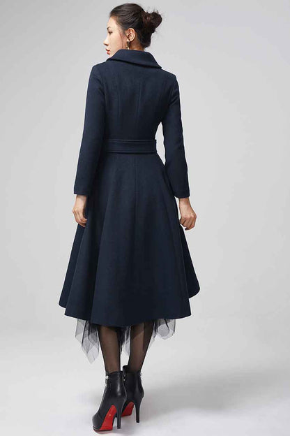 Xiaolizi Navy Fit and Flare Wool Coat for Women – Handmade Belted Vintage Winter Coat 2203