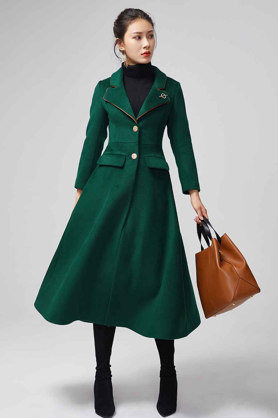 Women's green wool maxi coat  2202#