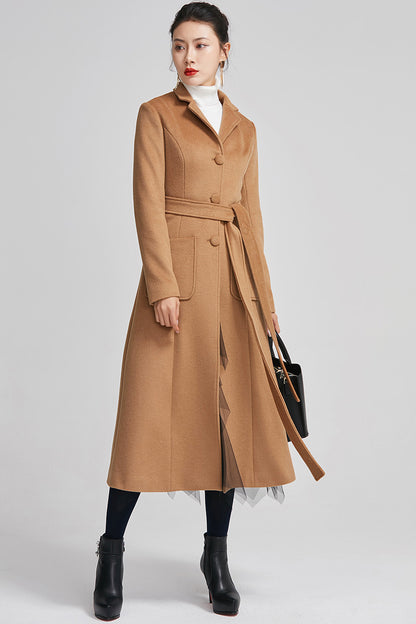 Handmade Blush Beige Wool Coat – Elegant Long Belted Winter Overcoat 2421