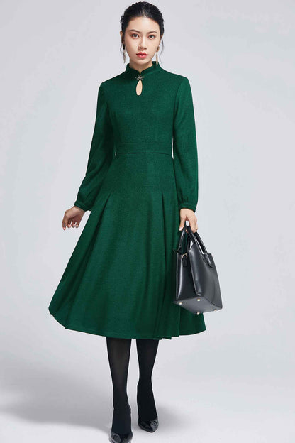 vintage inspired wool maxi dress with key hole neckline 2266#