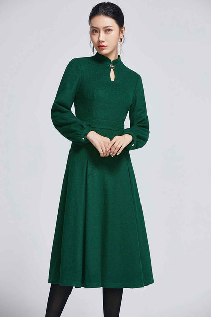 Dark Green Wool Midi Dress - Keyhole Neckline A-Line Silhouette 2266