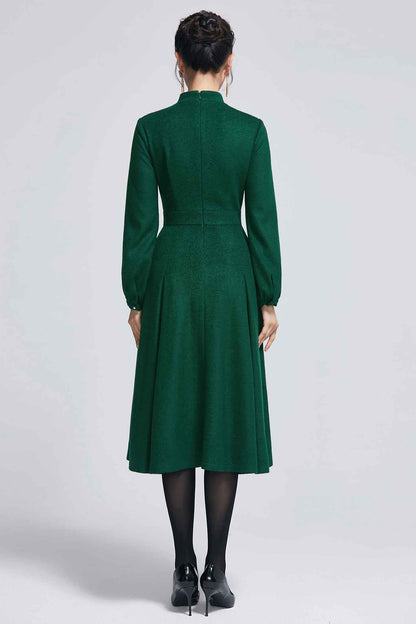Dark Green Wool Midi Dress - Keyhole Neckline A-Line Silhouette 2266