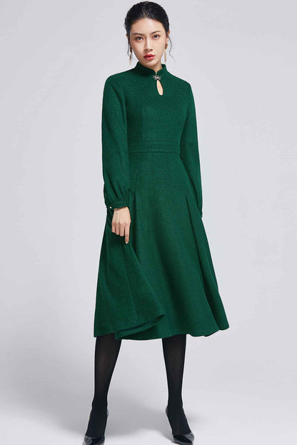 Dark Green Wool Midi Dress - Keyhole Neckline A-Line Silhouette 2266