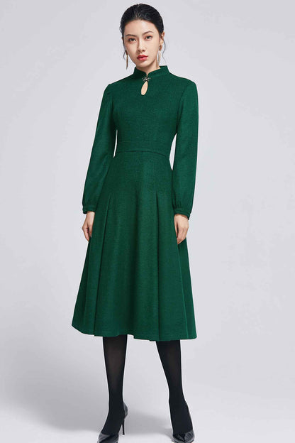 Dark Green Wool Midi Dress - Keyhole Neckline A-Line Silhouette 2266