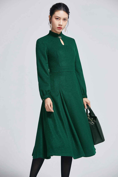 Dark Green Wool Midi Dress - Keyhole Neckline A-Line Silhouette 2266
