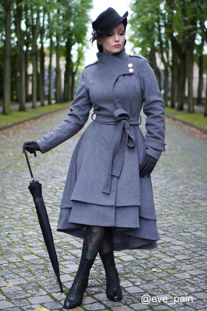 Vintage Dark Green Wool Blend Women's Coat – Military Collar & A-Line Hem 1112