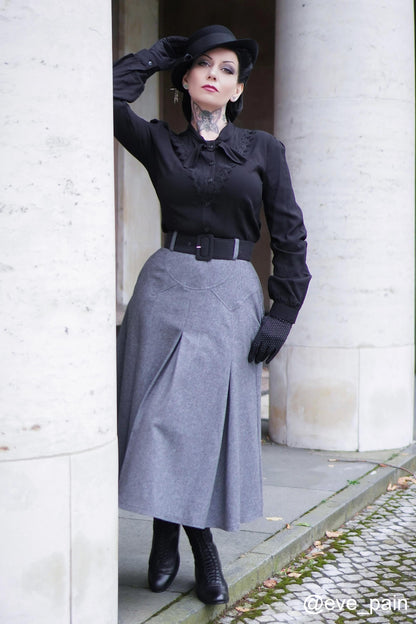 Gray High Waisted A Line Wool Midi Skirt 2409
