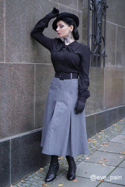 Gray High Waisted A Line Wool Midi Skirt 2409