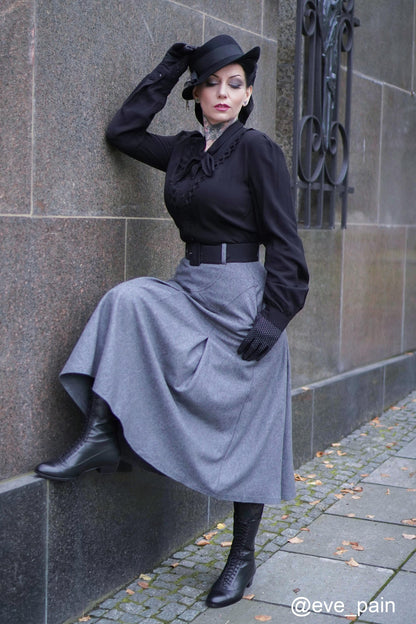 Gray High Waisted A Line Wool Midi Skirt 2409