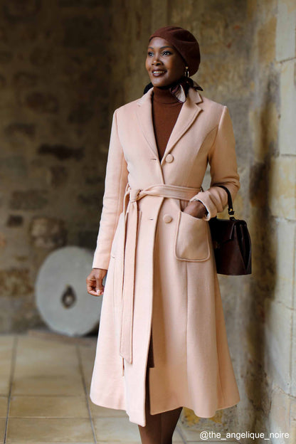 Handmade Blush Beige Wool Coat – Elegant Long Belted Winter Overcoat 2421