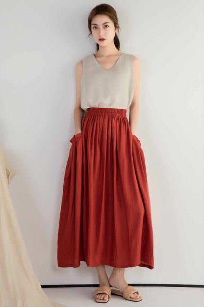 Elastic wasit maxi linen skirt 2391