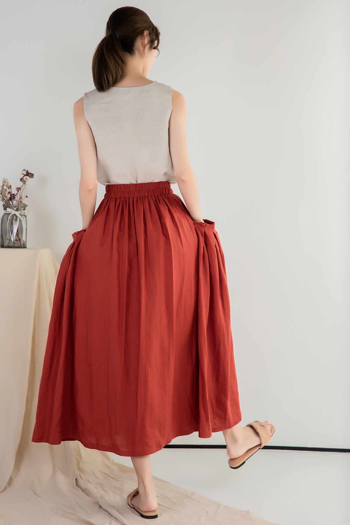 Elastic wasit maxi linen skirt 2391