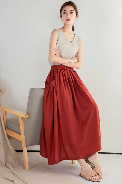 Elastic wasit maxi linen skirt 2391