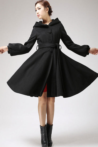 Dark Gray Hooded Wool Swing Coat with Tie Waist – Feminine A-Line Silhouette | 1073