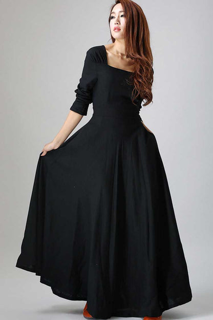 long sleeve Maxi Black Linen Dress -LBD 793#