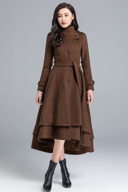 Vintage Dark Green Wool Blend Women's Coat – Military Collar & A-Line Hem 1112