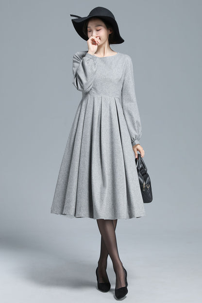 Gray Wool Midi Dress - Pleated Waist, Lantern Sleeve 3128