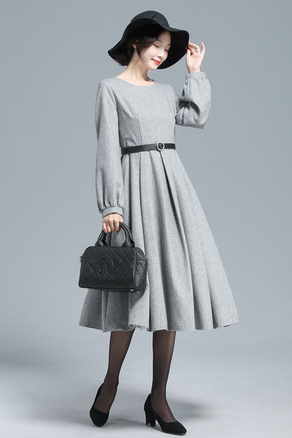 Gray Wool Midi Dress - Pleated Waist, Lantern Sleeve 3128
