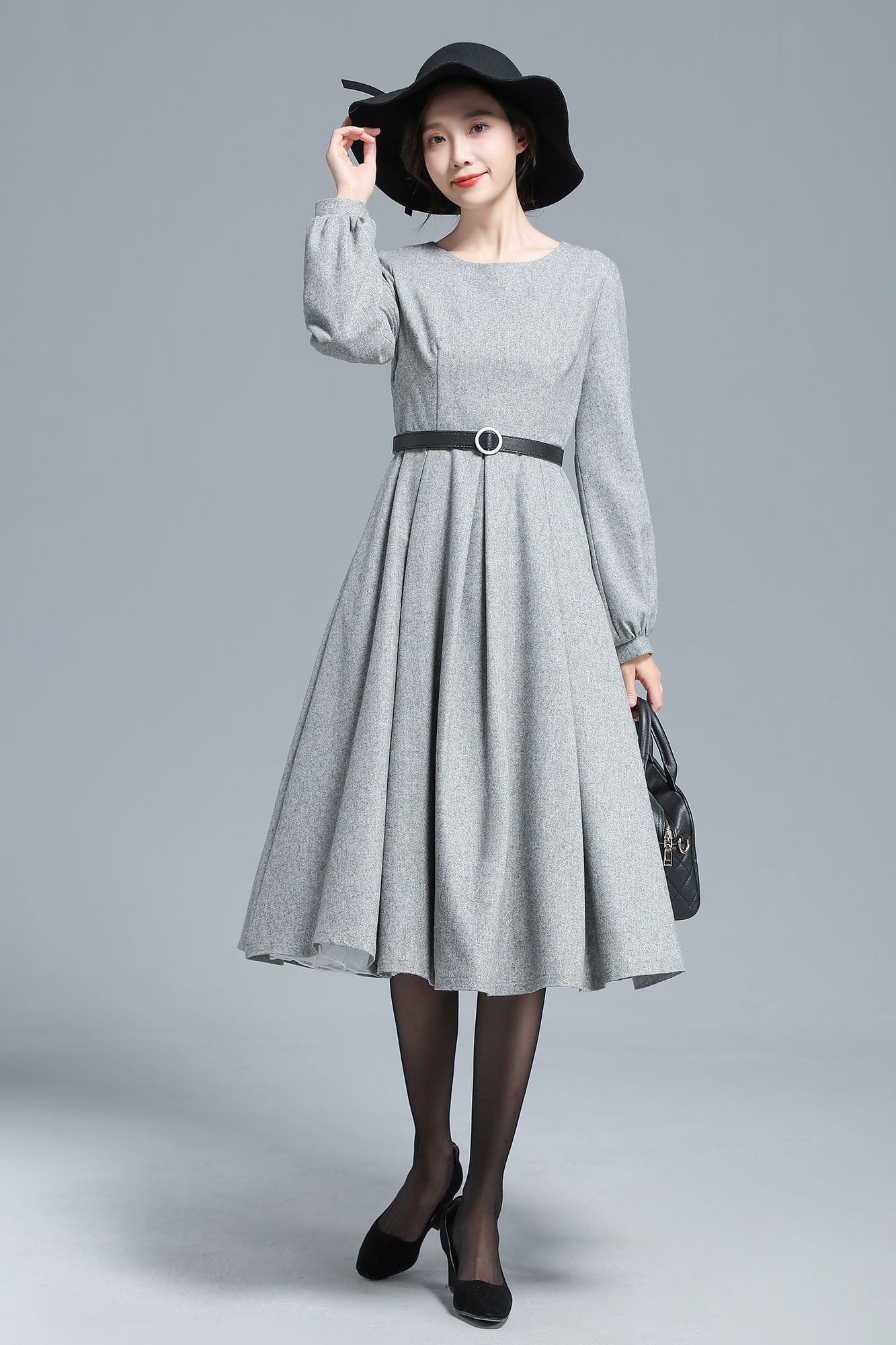 Gray Pleated Wool Dress, Midi Dress Women 3128
