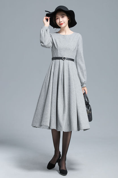 Gray Wool Midi Dress - Pleated Waist, Lantern Sleeve 3128