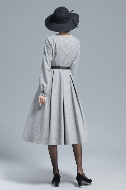 Gray Wool Midi Dress - Pleated Waist, Lantern Sleeve 3128