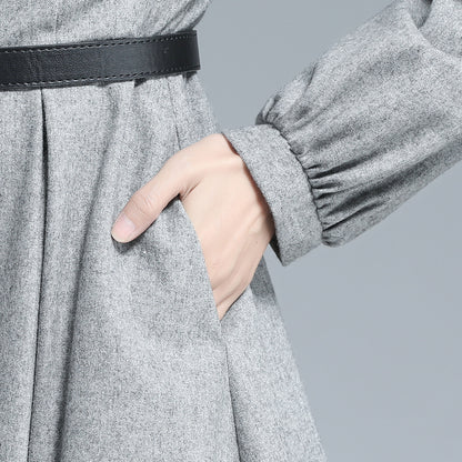 Gray Wool Midi Dress - Pleated Waist, Lantern Sleeve 3128