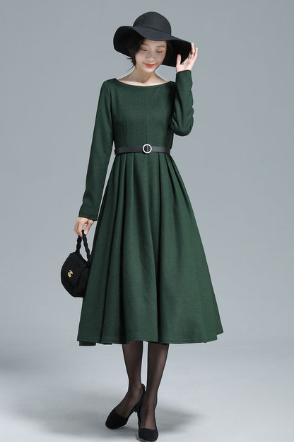 Dark Green Wool Dress – Vintage Pleated Winter Midi with Pockets | Xiaolizi 3129