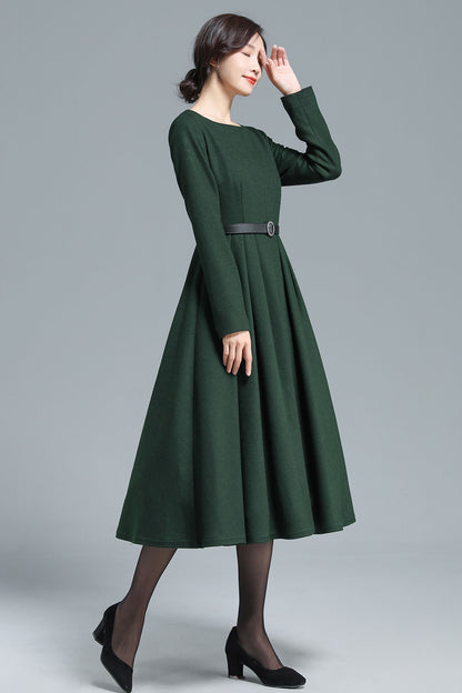 Dark Green Wool Dress – Vintage Pleated Winter Midi with Pockets | Xiaolizi 3129