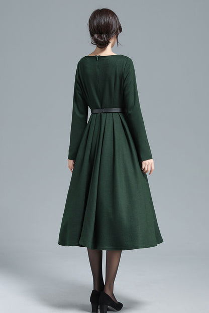 Dark Green Wool Dress – Vintage Pleated Winter Midi with Pockets | Xiaolizi 3129