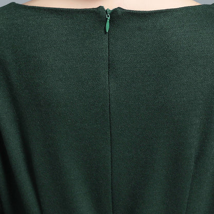 Dark Green Wool Dress – Vintage Pleated Winter Midi with Pockets | Xiaolizi 3129