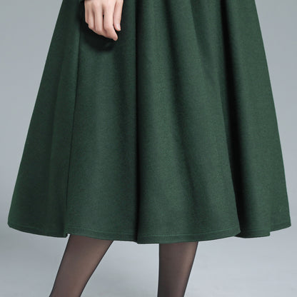 Dark Green Wool Dress – Vintage Pleated Winter Midi with Pockets | Xiaolizi 3129