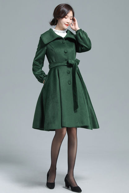 Army Green Wool Coat - Belted Swing Silhouette 3131