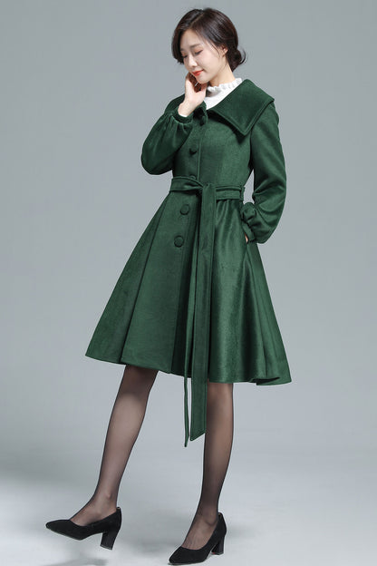 Army Green Wool Coat - Belted Swing Silhouette 3131