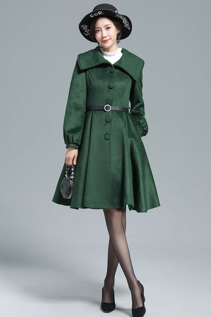 Army Green Wool Coat - Belted Swing Silhouette 3131