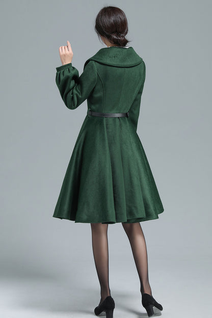 Army Green Wool Coat - Belted Swing Silhouette 3131