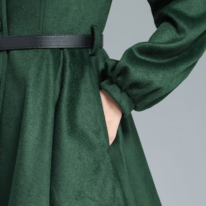 Army Green Wool Coat - Belted Swing Silhouette 3131