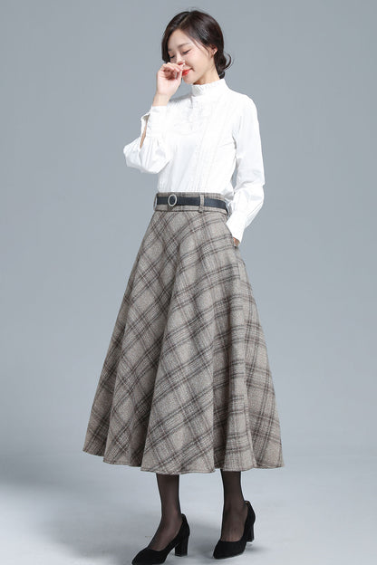 Khaki Wool Plaid Full Skirt - Elastic Waist, Side Pockets 3133