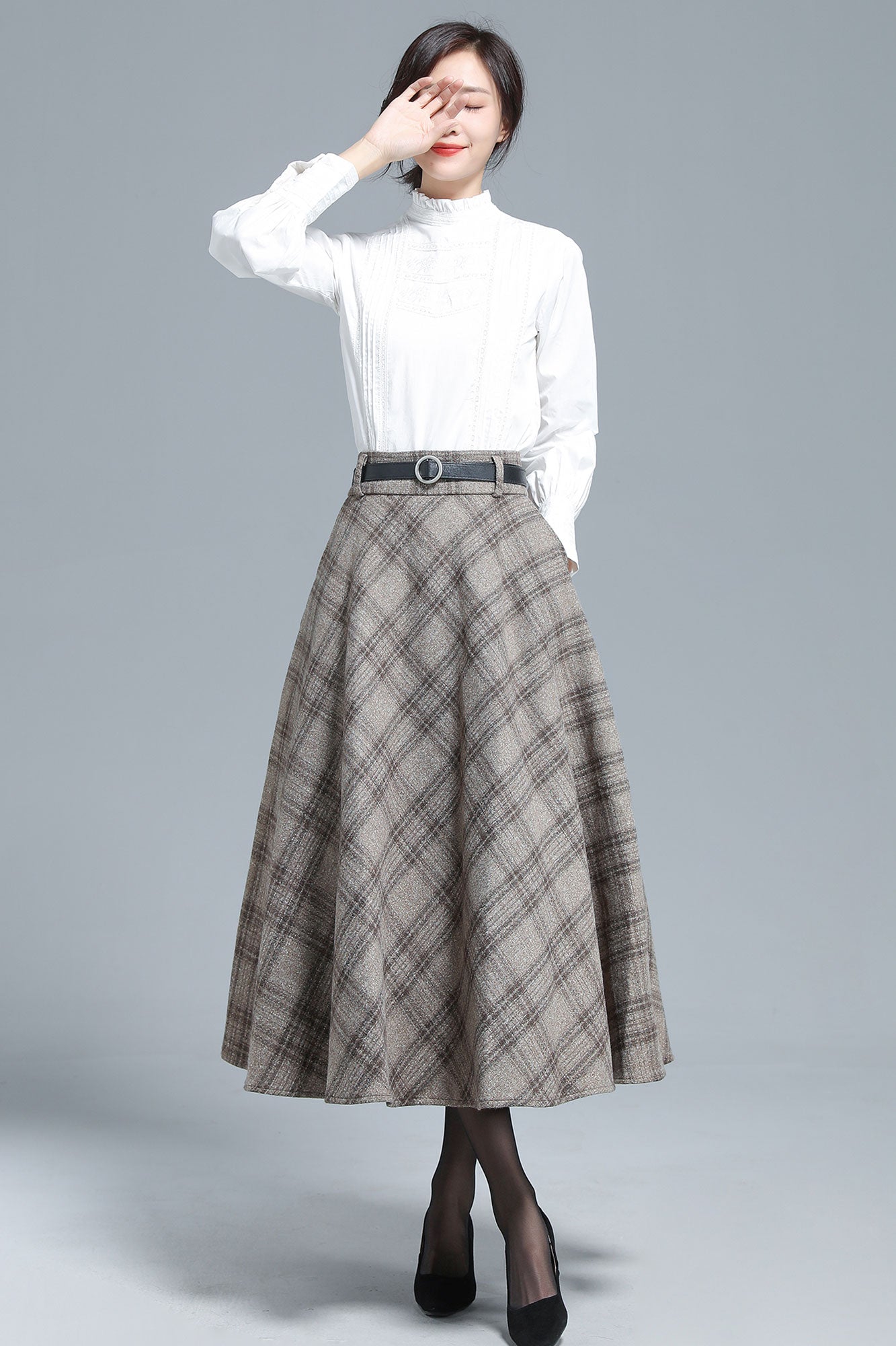 Khaki Plaid Wool Skirt 3133