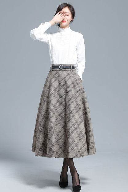 Khaki Wool Plaid Full Skirt - Elastic Waist, Side Pockets 3133