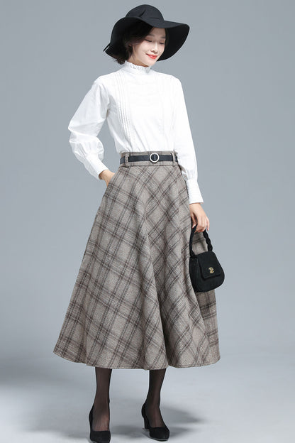 Khaki Wool Plaid Full Skirt - Elastic Waist, Side Pockets 3133
